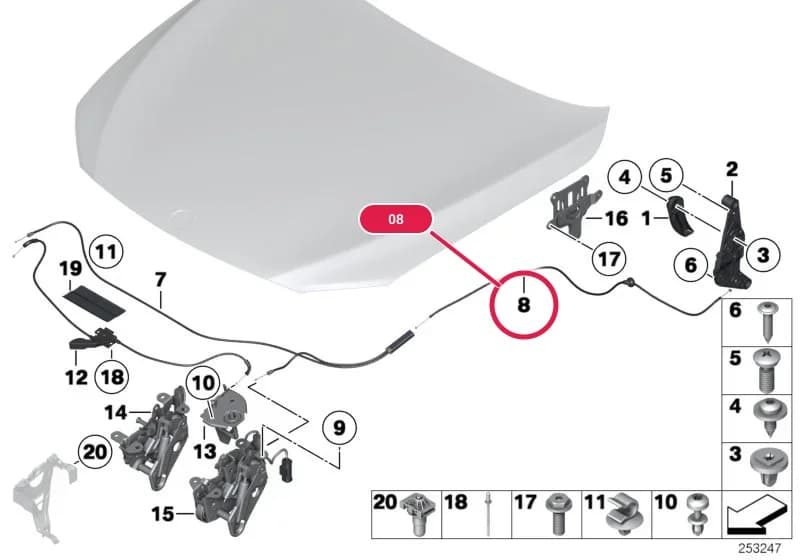Bowden cable, rear — BMW 7 F01 LCI — 41 Bodywork › 41_1884 Bonnet / closing system