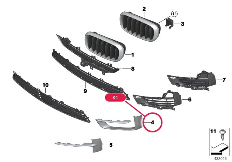 Trim, grille, side, right — BMW X5 F15 — 51 Vehicle trim › 51_9425 Trim panel, trim elements, front
