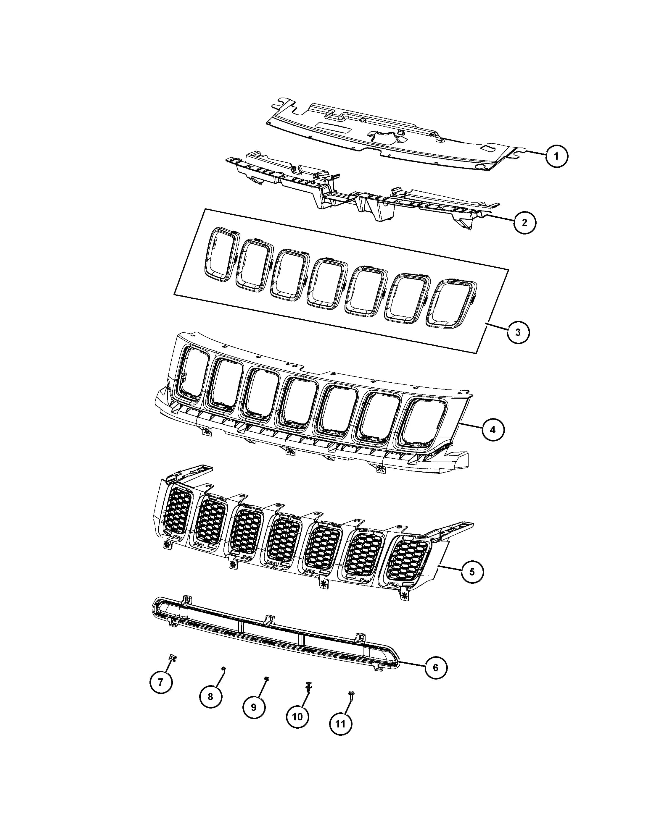 [X8W: Front Fascias Parts Module], [MCD: Accent/Body Color Fascias] — 2017 MP - JEEP C-CUV — 40 EXTERIOR ORNAMENTATION › 05 405 GRILLE