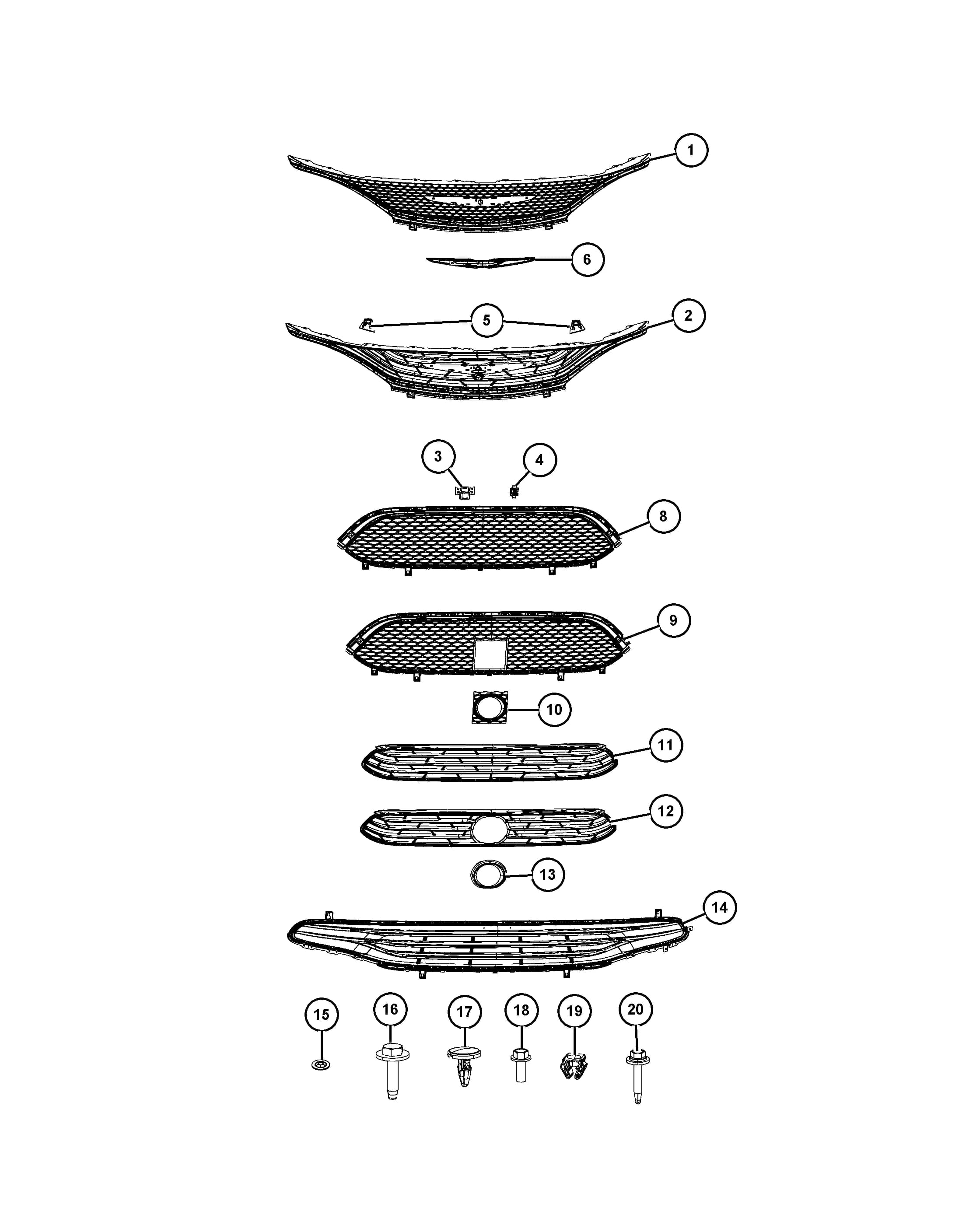 [MLH: Body Color Front Fascia] OR [MLG: Painted Frt Fascia w/Body Clr Accent], [X8W: Front Fascias Parts Module], [NHZ: Adaptive Cruise Control w/Stop & Go] AND/OR [XDQ: PHEV Adaptation Components] — 2017 RU - CHRYSLER PACIFICA — 40 EXTERIOR ORNAMENTATION › 04 405 GRILLES