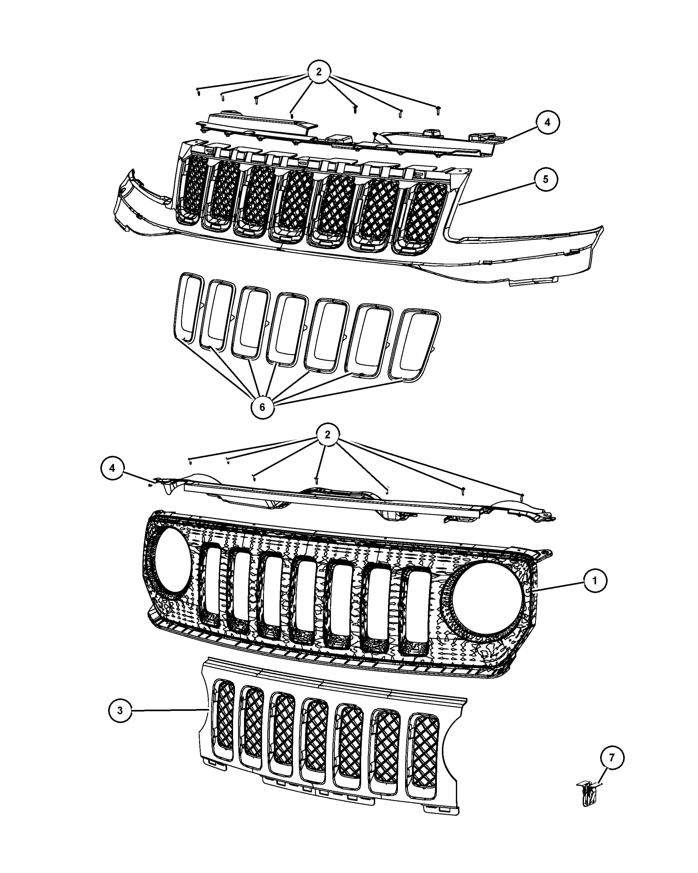 [MFN: Body Color Grille], [MCX: Body Color Fascias w/Bright Insert], [LNJ: Fog Lamps], [XEA: Tow Hooks], [X8W: Front Fascias Parts Module] — 2017 MK - JEEP COMPASS/ PATRIOT — 40 EXTERIOR ORNAMENTATION › 05 405 GRILLES