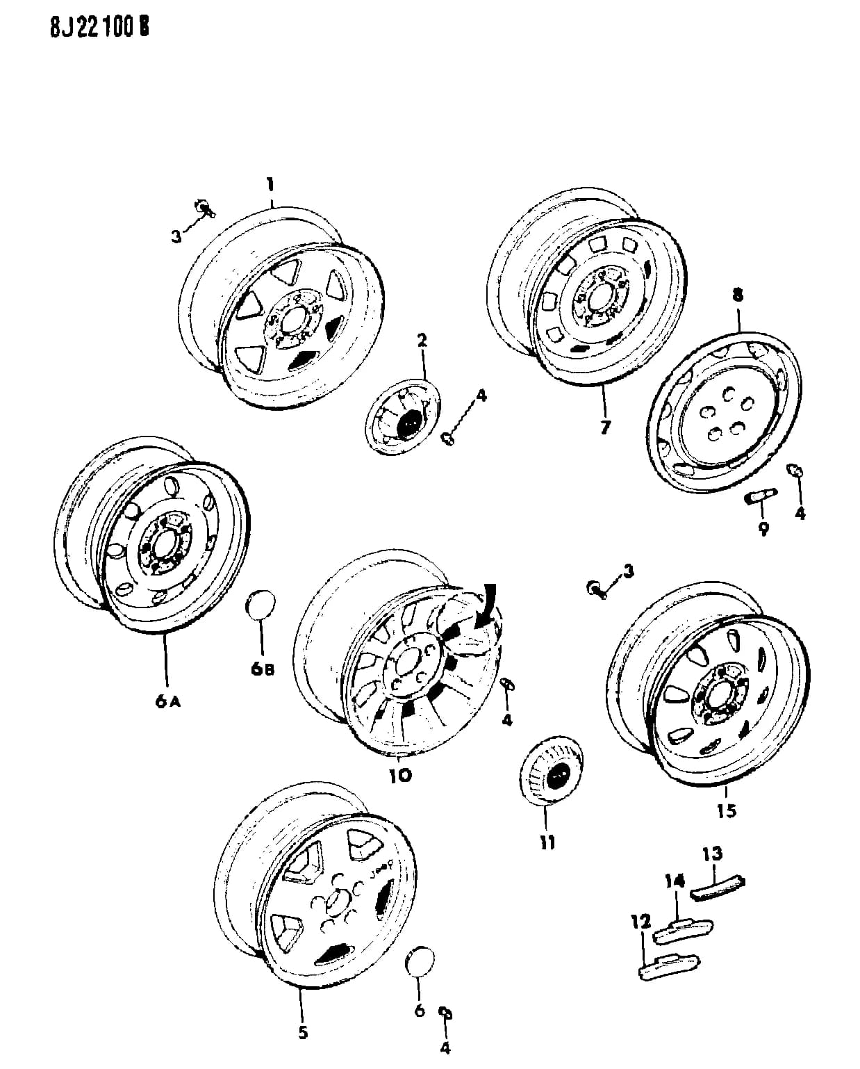 1990 J -JEEP — 22 WHEELS › 01 1 WHEEL, CAP, COVER AND WEIGHTS, WRANGLER, YJ