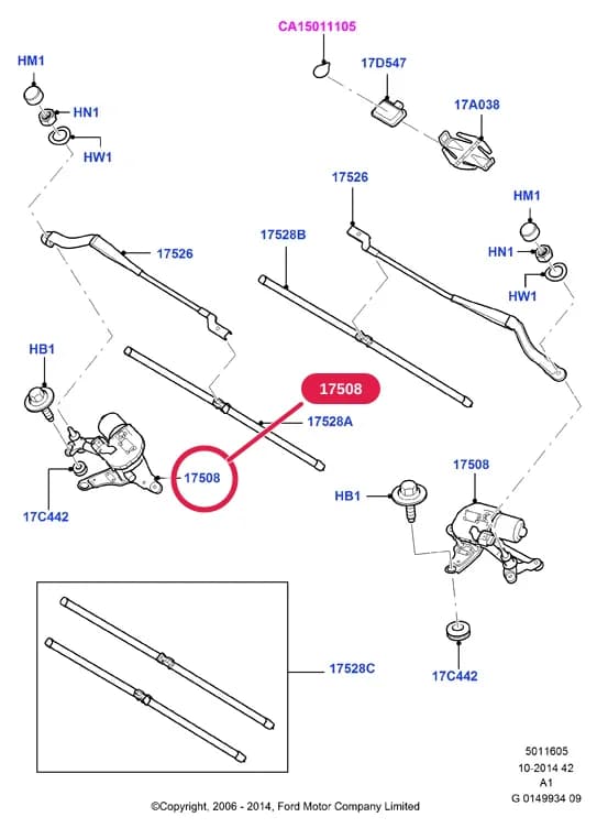 Motor And Bracket Assy - Wiper; LH; S-Max/Galaxy 2006-2015; LHD — 5 Body And Paint — 50116 Body And Paint.Wipers And Washers › 5011605 Windscreen Wiper