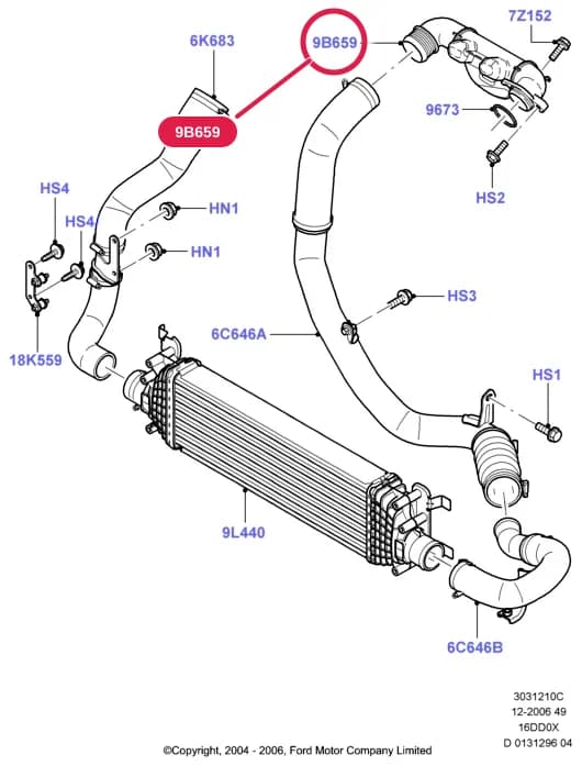 3 Powertrain — 30312 Powertrain.Engine Air Intake › 3031210C Intercooler/Air Ducts And Hoses; 1.6 DI Diesel; Fiesta/Fusion 2002; All 1.6L DOHC Diesel Engines; 1.6L Duratorq TDCi