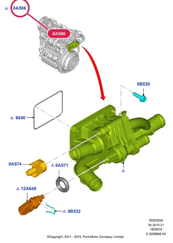 Housing - Thermostat; EcoSport 2013-; 1.5L SOHC DI TC I4 Diesel DV5 — 3 Powertrain — 30303 Powertrain.Engine Cooling › 3030320A Thermostat/Housing & Related Parts; 1.5L SOHC DI TC I4 DIESEL