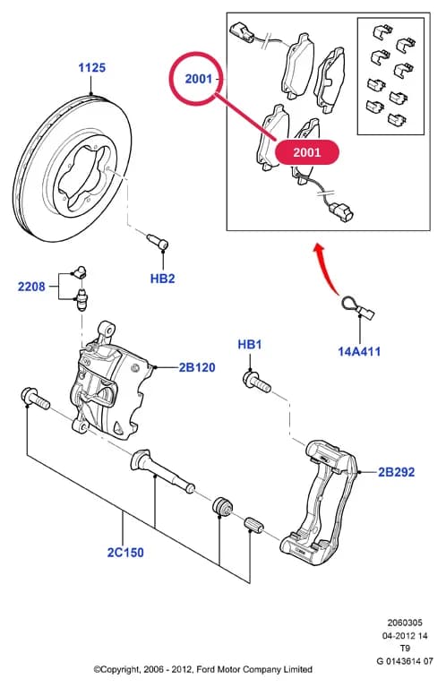 Kit - Caliper Brake Pad; Install Connector 14A411 To Front And Rear Right-Hand Wiring Loom If Not Already Fitted; Before ordering, please read the information in the blue envelope!; (Transit 2006-2014 RWD OR Transit 2006-2014 FWD All 330 And 350 Series) — 2 Chassis — 20603 Chassis.Front Brake Discs & Caliper › 2060305 Front Brake Discs And Calipers