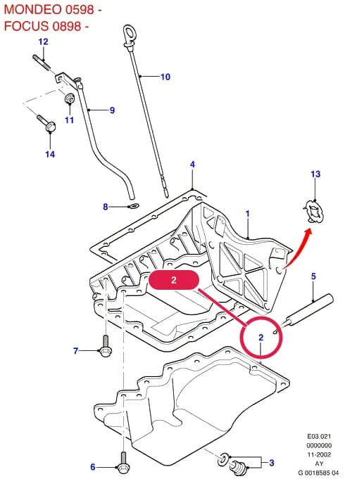 AYE Zetec E — AYE03 Zetec E.Oil Pump/Pan/Filter/Level Indicator › AYE03021 Oil Pan/Oil Level Indicator