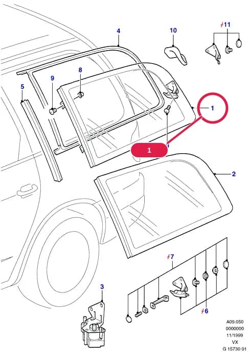 Glass - Quarter Window; Fixed; LH; With Normal Tinted Glass; With Rear Seat Climate Control — A Body And Related Parts — A09 Body And Related Parts.Side Panels/Side Trim/Side Glass › A09050 Quarter Windows