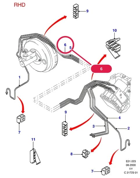Tube Assy - Brake; Upper; RHD; 4 Wheel Anti-Lock Braking System; Less Electronc Stability Brake Cntl — E Brakes - Brake Pipes - Wheels — E01 Brakes - Brake Pipes - Wheels.Brake Pipes/ABS/Brake System Valves › E01023 Brake Pipes