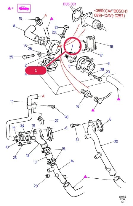 AIB Diesel 2.5 — AIB04 Diesel 2.5.Engine Cooling › AIB04015 Thermostat/Housing & Related Parts; Diesel