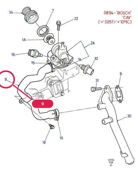 Hose - Water By-Pass; 'Bosch'; (2.5L Diesel (76PS) OR 2.5L Diesel (70PS) OR 2.5L Diesel (80PS)) — AIB Diesel 2.5 — AIB04 Diesel 2.5.Engine Cooling › AIB04015 Thermostat/Housing & Related Parts; Diesel