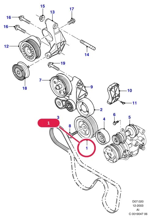 Pulley - Crankshaft; (1.8L Lynx Diesel TC (90PS) OR 1.8L Duratorq TC (75PS) - Lynx) — AID Lynx Engine — AID07 Lynx Engine.Starter Motor/Alternator & Mounts › AID07020 Alternator Mountings & Drive Belts; Diesel