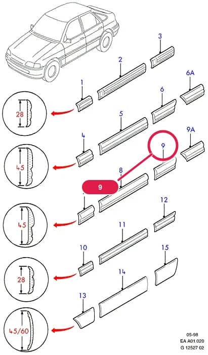 Moulding; Graphite Grey / Bright; RH; 3 Door Saloon — A Body And Related Parts — A01 Body And Related Parts.Bodyshells/Repair Panels/Mouldings › A01020 Body Mouldings