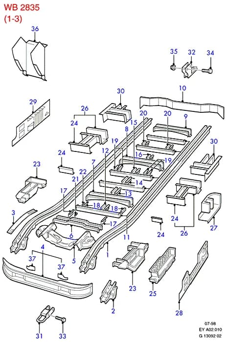 Reinforcement; RH; (+)"Europe/MAL/VN" — A Body And Related Parts — A02 Body And Related Parts.Floor Panels And Floor Members › A02010 Members; Van/Kombi/Bus; 2835MM