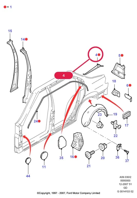 Deflector - Water - Luggage Comp.; Before ordering, please read the information in the blue envelope!; RH — A Body And Related Parts — A09 Body And Related Parts.Side Panels/Side Trim/Side Glass › A09030 Quarter Panels And Related Parts
