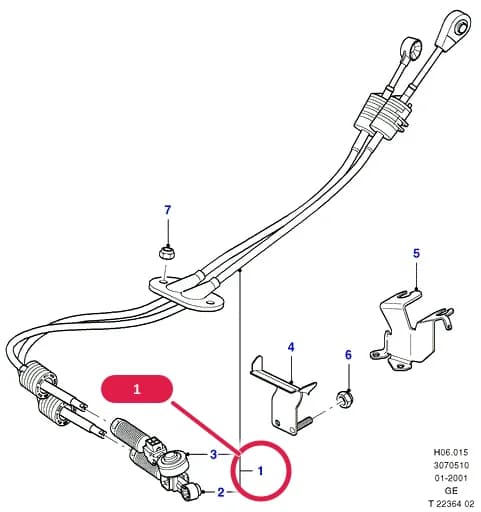 Cable Assy - Selector Lever Control; 3.0L Duratec ST EFI (220PS) — H Steering Gear - Gear Change — H06 Steering Gear - Gear Change.Gear Change - Manual Transmission › H06015 Gear Change Cables - Manual Transm