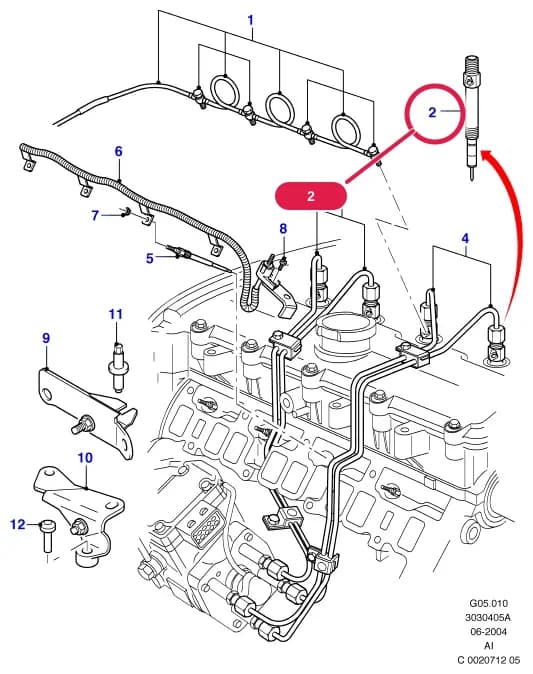 Nozzle And Holder - Fuel Injector; Transit(Turkey)2001; 2.4L Duratorq-DI (120PS) - Puma — AIG Duratorq Engine — AIG05 Duratorq Engine.Fuel System - Engine › AIG05010 Fuel Injectors And Pipes; Diesel
