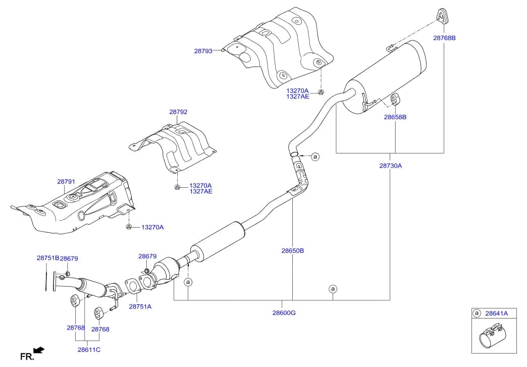 Engine Capacity: 1000 CC - KAPPA;Engine Type: DOHC - TCI/GDI;Fuel Type: GASOLINE - UNLEADED;Transaxle: MANUAL T/M - 5 SPEED 2WD;Options: (EQUIPPED)EMISSION REGULATION - EURO 6 — 2018 i20 15 (TURKEY PLANT-EUROPE) (2014-) — ENGINE › 28286C MUFFLER & EXHAUST PIPE