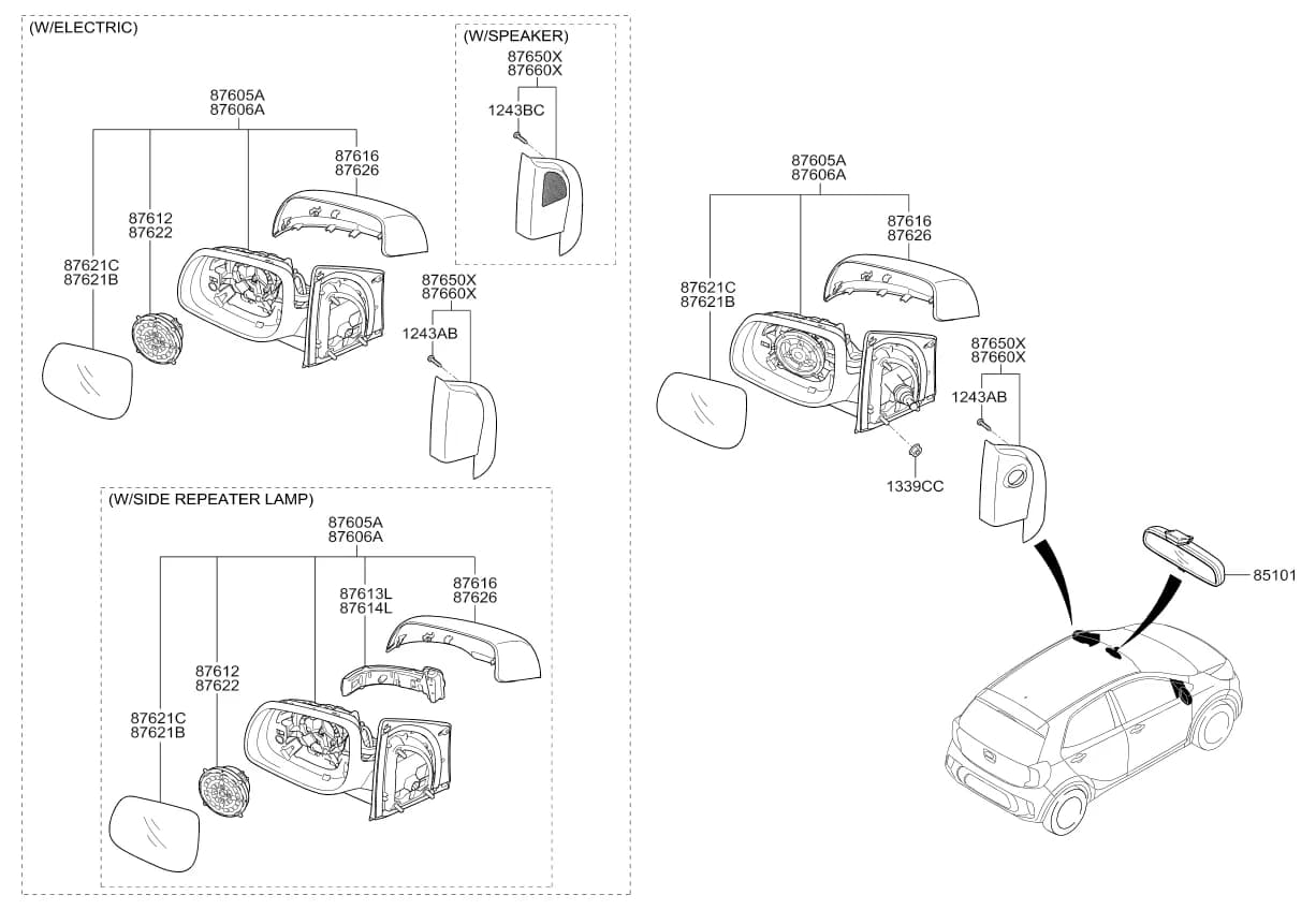 Drive Type: DRIVE TYPE - LHD;Options: DRIVER'S SIDE - LEVER-CONV, COLOR - BLACK — 2018 PICANTO 17 (2017-) — TRIM › 86876 OUTSIDE REAR VIEW MIRROR