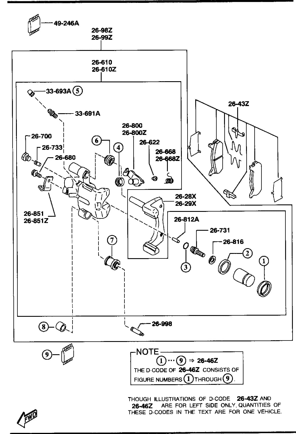 1995 PROTEGE — CHASSIS AXLE SUSPENSION ,BRAKE & STEERING › 2610 A - REAR BRAKE MECHANISMS (DISC BRAKE)
