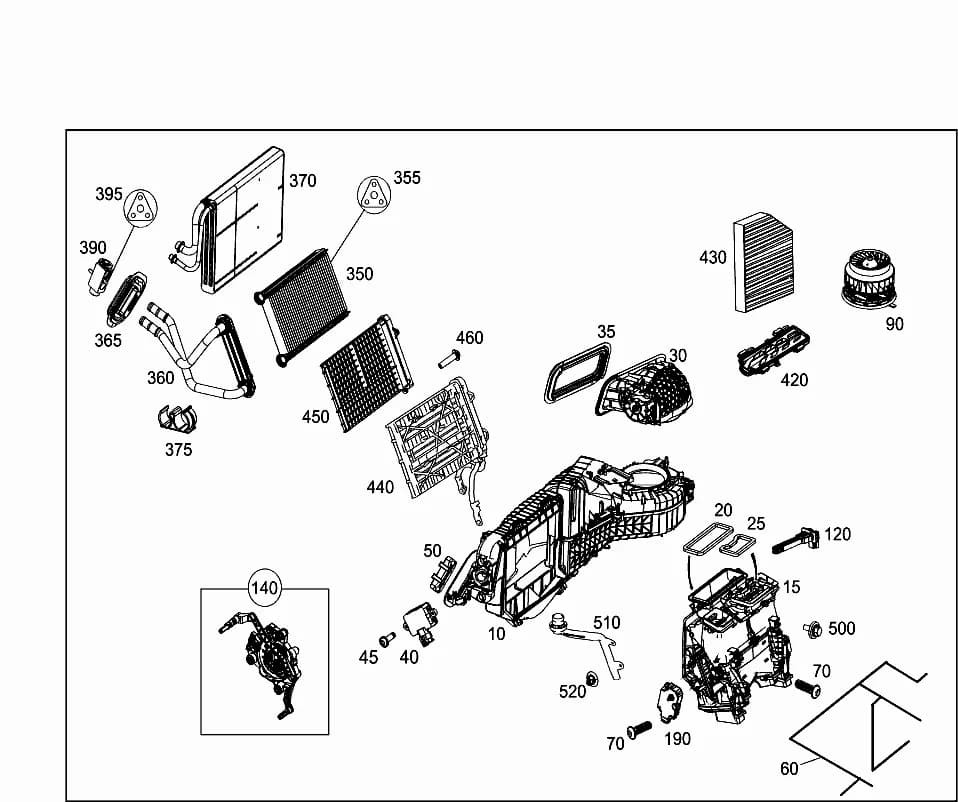 EVAPORATOR-1U6Replaced by A  2058309904 — 213.289 — 83 HEATING AND VENTILATION › 035 HEATER AND EVAPORATOR HOUSING WITH BLOWER AND WIRING HARNESS