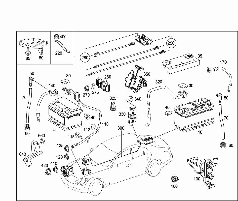 BATTERYIN TRUNK,RIGHT12V/95AHReplaced by A  0055410901 — 240.078 — 54 ELECTRICAL EQUIPMENT AND INSTRUMENTS › 030 BATTERY,STARTER/ALTERNATOR CABLE