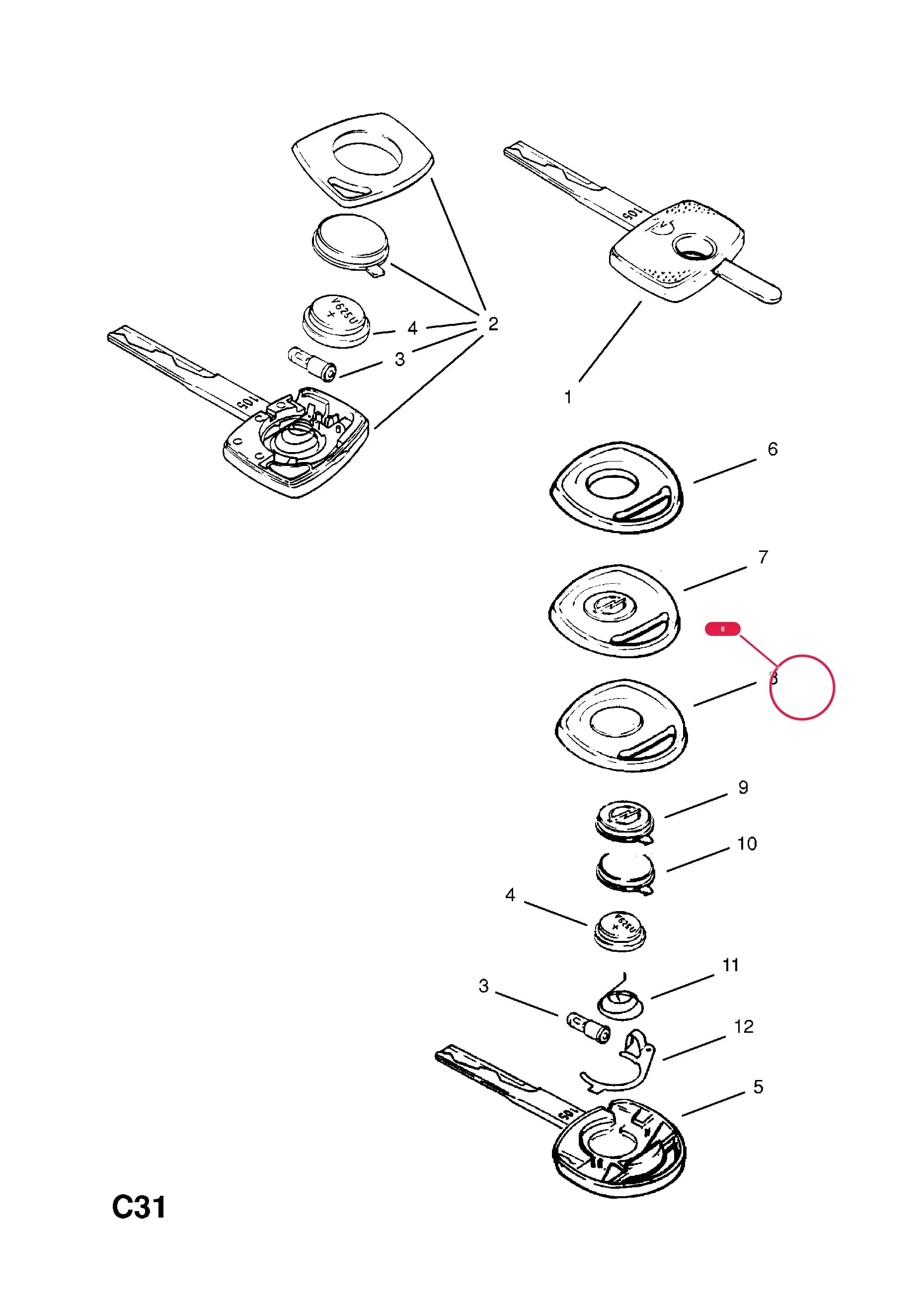 COVER,READY CUT KEY,LESS EMBLEM (PROFILE H SERIES) (EXC.ILLUMINATED KEY) — Opel  CALIBRA ( 1989 -  1997) — C BODY INTERIOR FITTINGS › 11 FRONT DOOR LOCKING MECHANISM