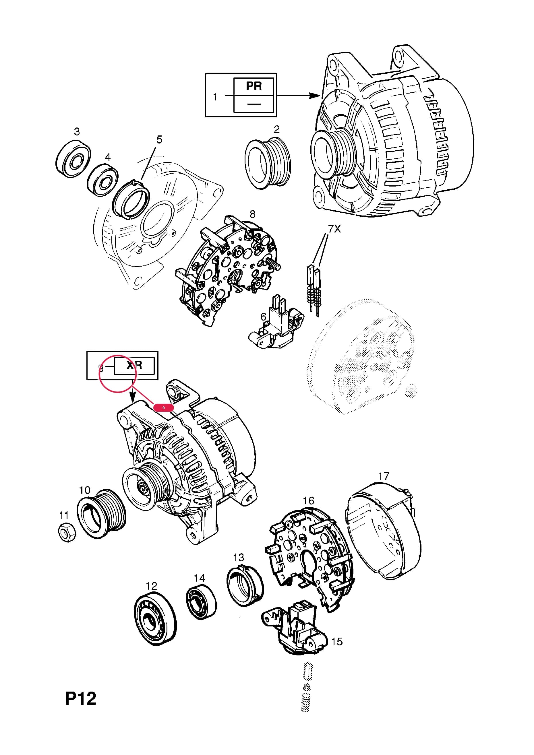 ALTERNATOR,ASSY.,12V.100 AMP (IDENT XR) (BOSCH) (NLS.- USE 9201491  62 04 110) (EXCHANGE PART 93175815   62 04 151 OPEL,R1530052 VAUXHALL) — Opel  VECTRA-B ( 1996 -  2002) — P ELECTRICAL › 1 ENGINE AND COOLING