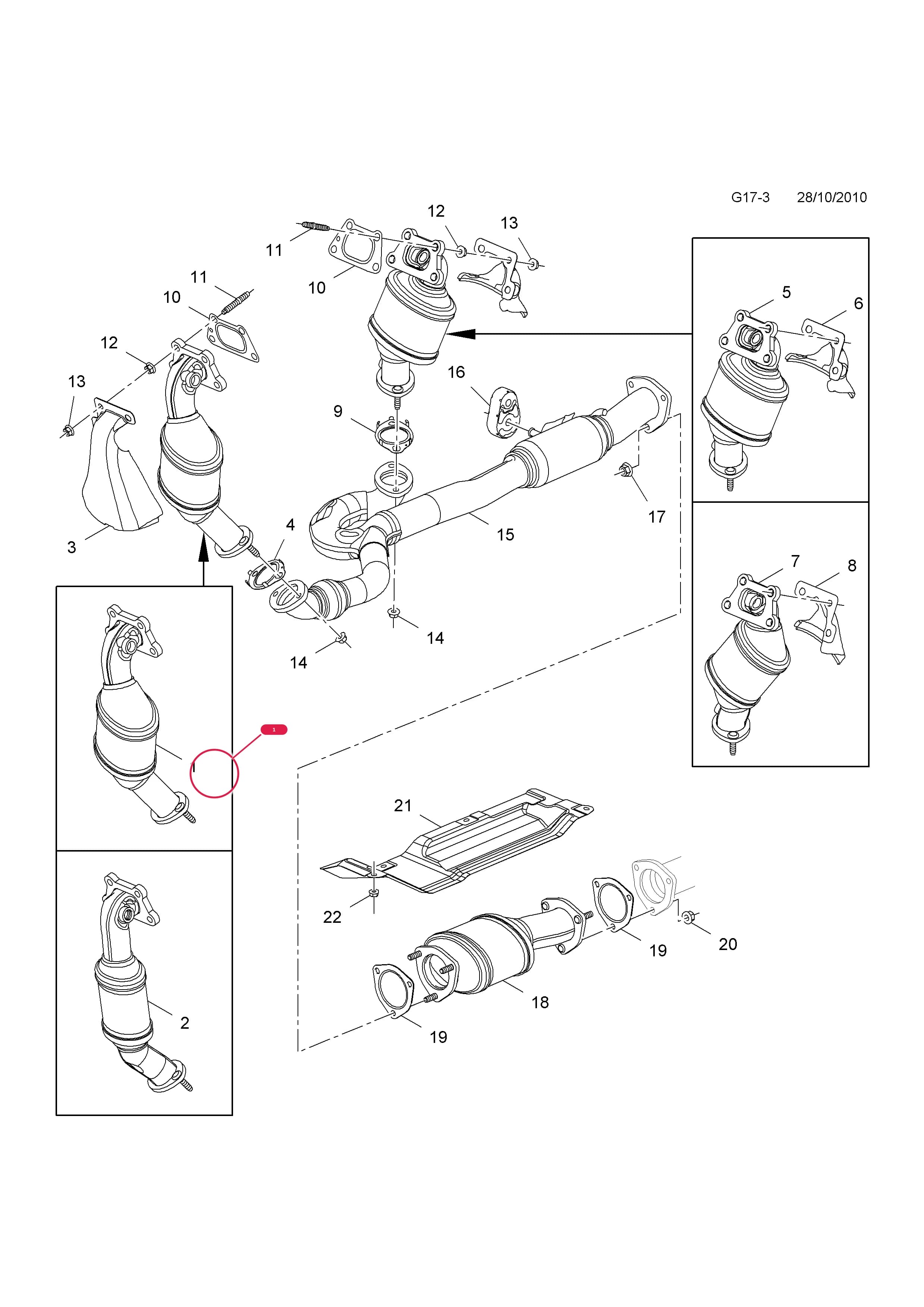 CONVERTER,ASSY.,CATALYTIC,FRONT,LHD,OPEL,NEW EXCHANGE (IDENT LA) (CORE RETURN NO. 9117104   95 08 030) — Opel  ANTARA ( 2007 - ) — G FUEL AND EXHAUST › 3 A30XH[LF1],A30XF[LFW] PETROL ENGINES