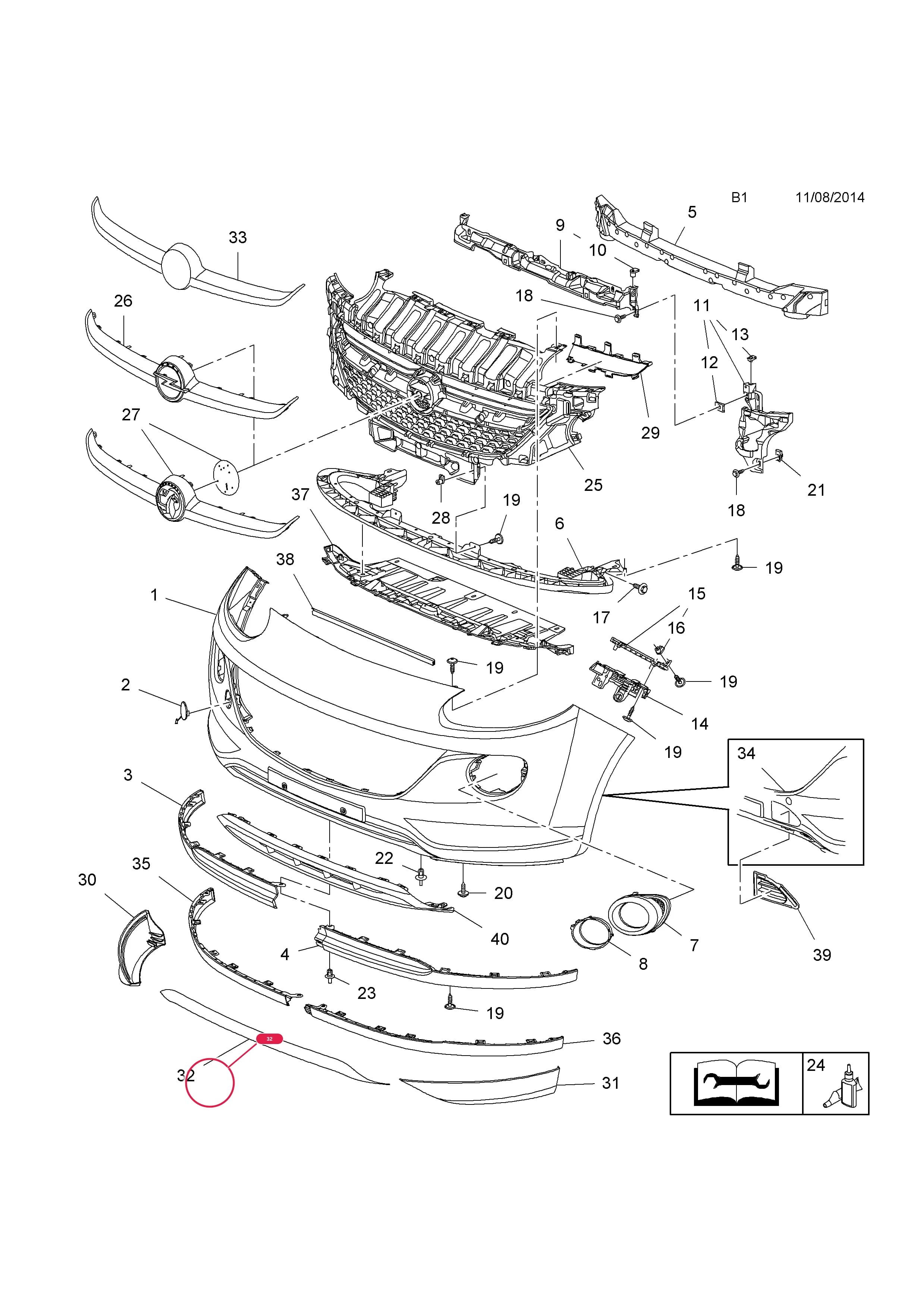 MOULDING,CENTRE — Opel  ADAM ( 2013 - ) — B BODY EXTERIOR FITTINGS › 1 BUMPERS AND RADIATOR GRILLE