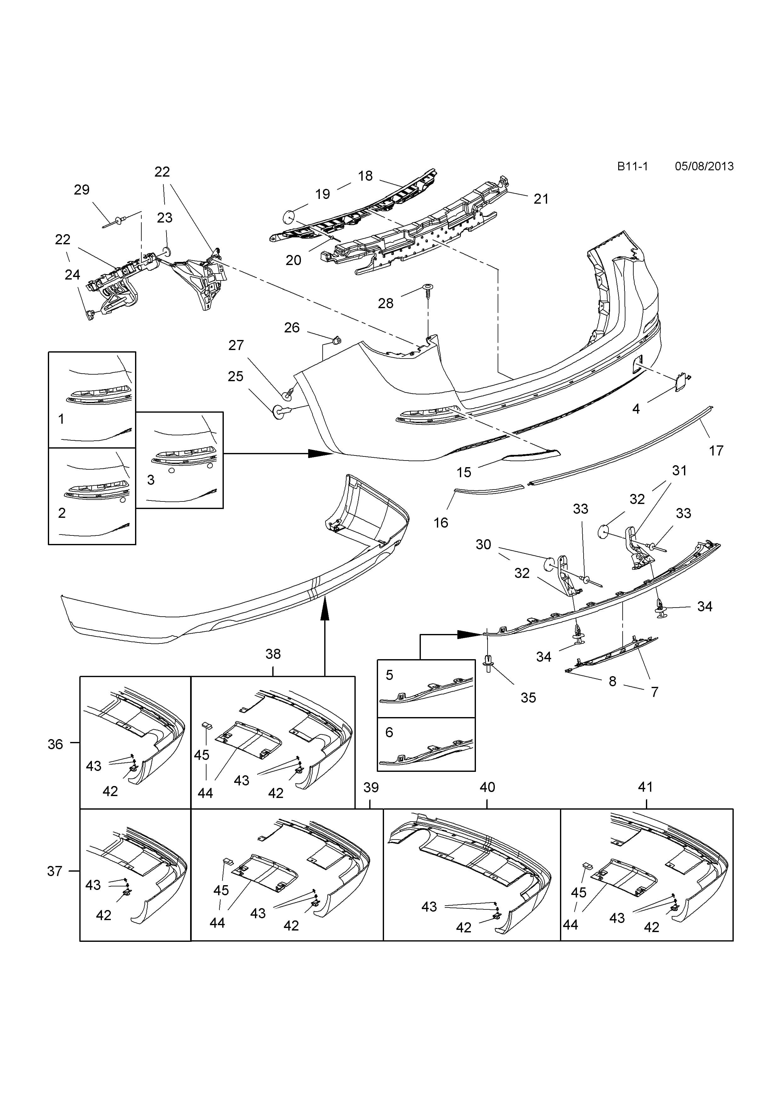 BUMPER,REAR (FOR ADVANCED PARKING ASSISTANT,POC UDP) — Opel  ASTRA-J ( 2010 - ) — B BODY EXTERIOR FITTINGS › 1 BUMPERS AND RADIATOR GRILLE