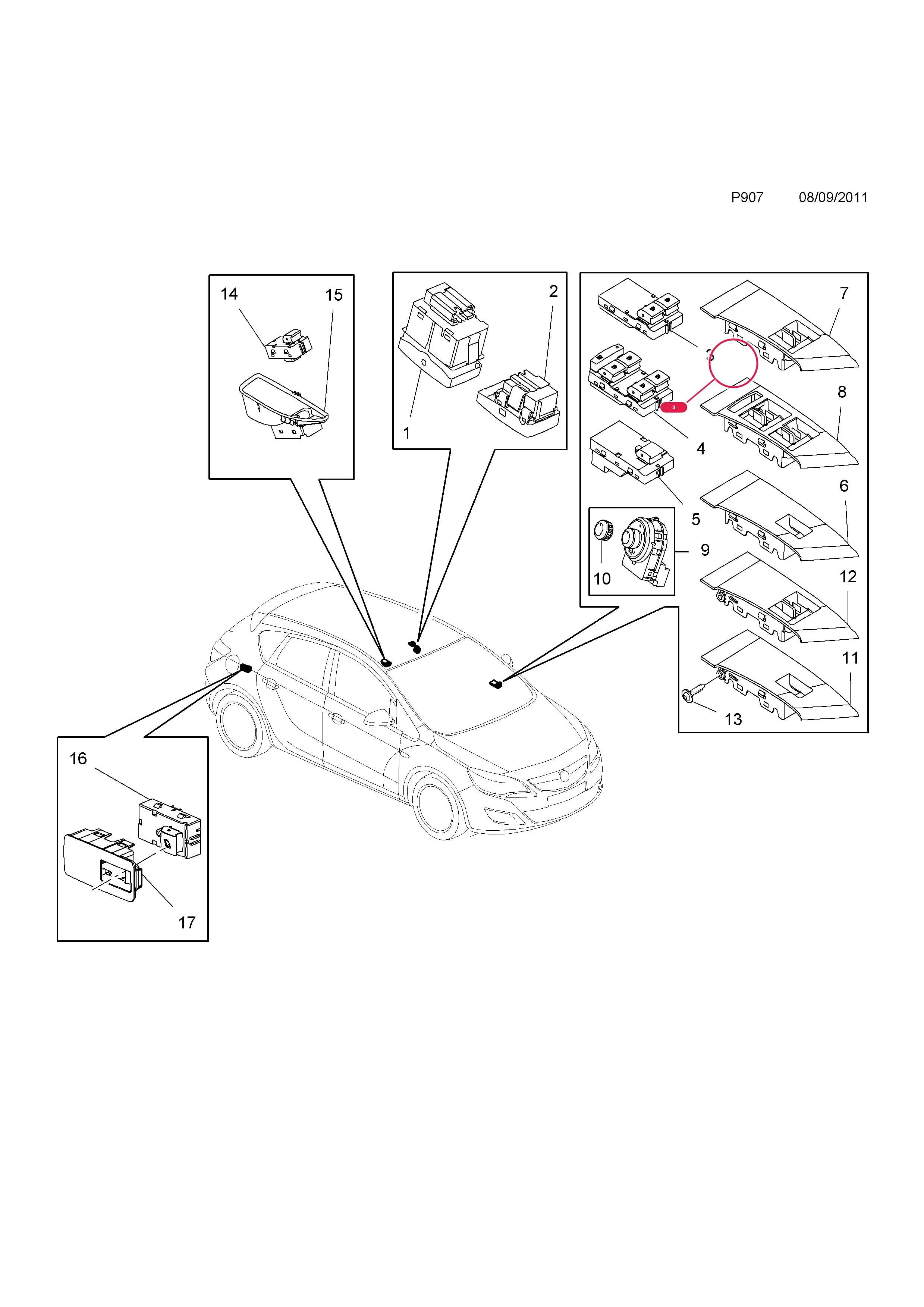 SWITCH,ASSY.,FRONT DOOR WINDOW AND MULTI-FUNCTION,DRIVERS SIDE,BLACK (USED WITH MANUAL REAR WINDOWS)  (PRODUCTION NO. 13305977) — Opel  ASTRA-J ( 2010 - ) — P ELECTRICAL › 11 BODY