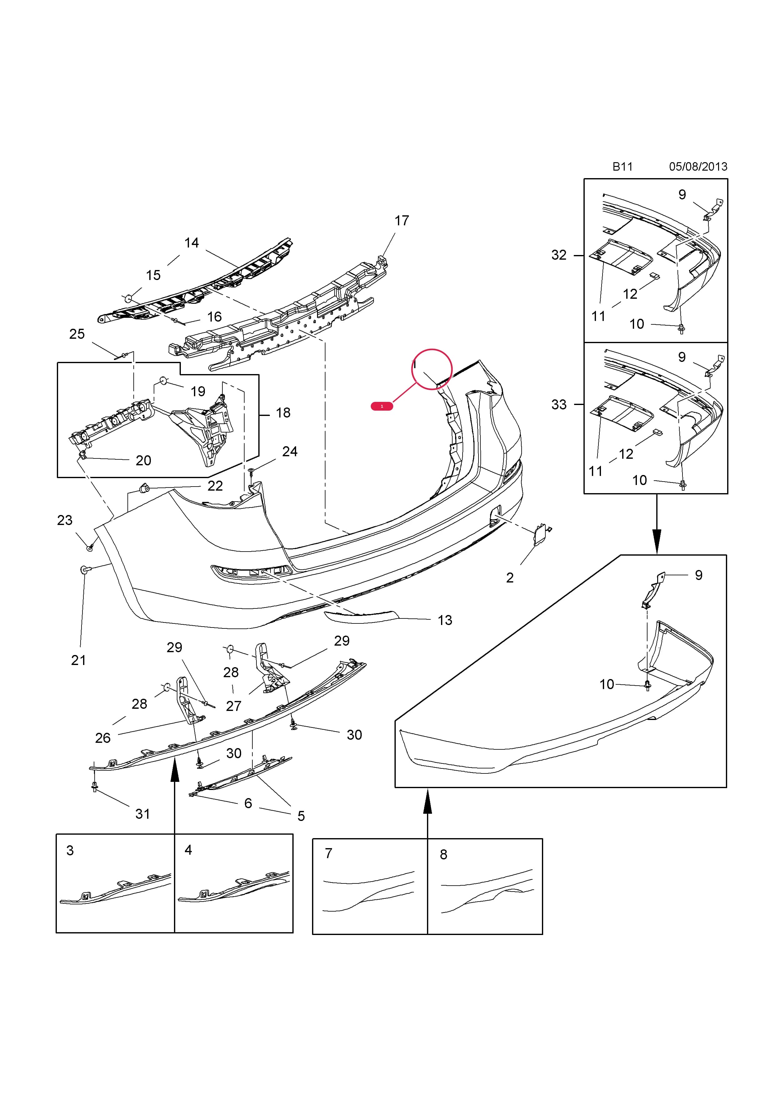 BUMPER,REAR (EXCEPT PARKING PILOT SYSTEM)  (PRODUCTION NO. 13266648) — Opel  ASTRA-J ( 2010 - ) — B BODY EXTERIOR FITTINGS › 1 BUMPERS AND RADIATOR GRILLE