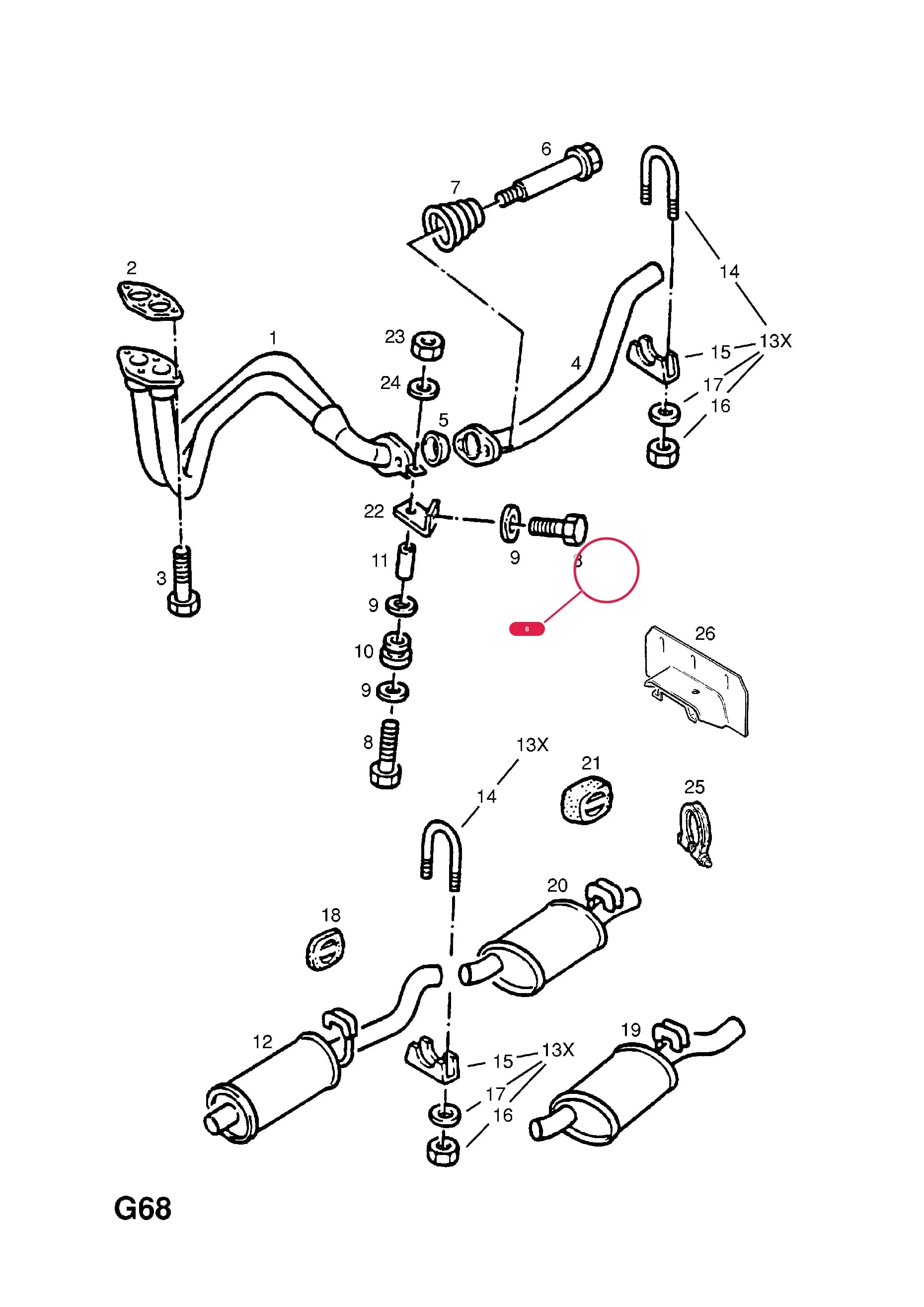 SCREW,HEX.HD.,M8 X 32,FRONT PIPE SUSPENSION (NLS.- USE 11041066   20 00 968) — Opel  CORSA-A ( 1983 -  1992) — G FUEL AND EXHAUST › 73.EXHAUST PIPE,SILENCER AND CATALYTIC CONVERTER (CONTD.)