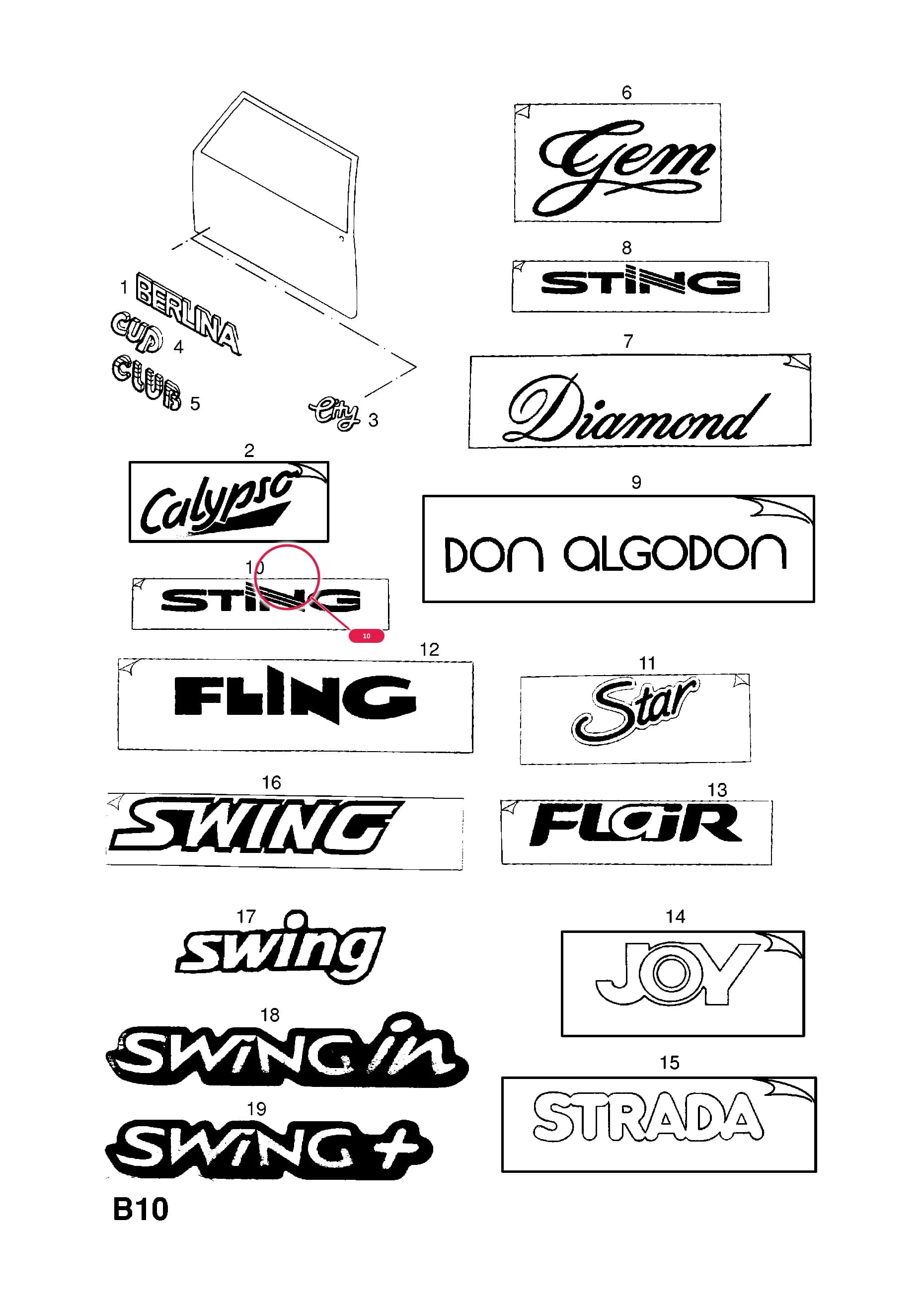 NAMEPLATE,STING,GREY,RED (SELF-ADHESIVE) — Opel  CORSA-A ( 1983 -  1992) — B BODY EXTERIOR FITTINGS › 4 NAMEPLATES AND DECALS