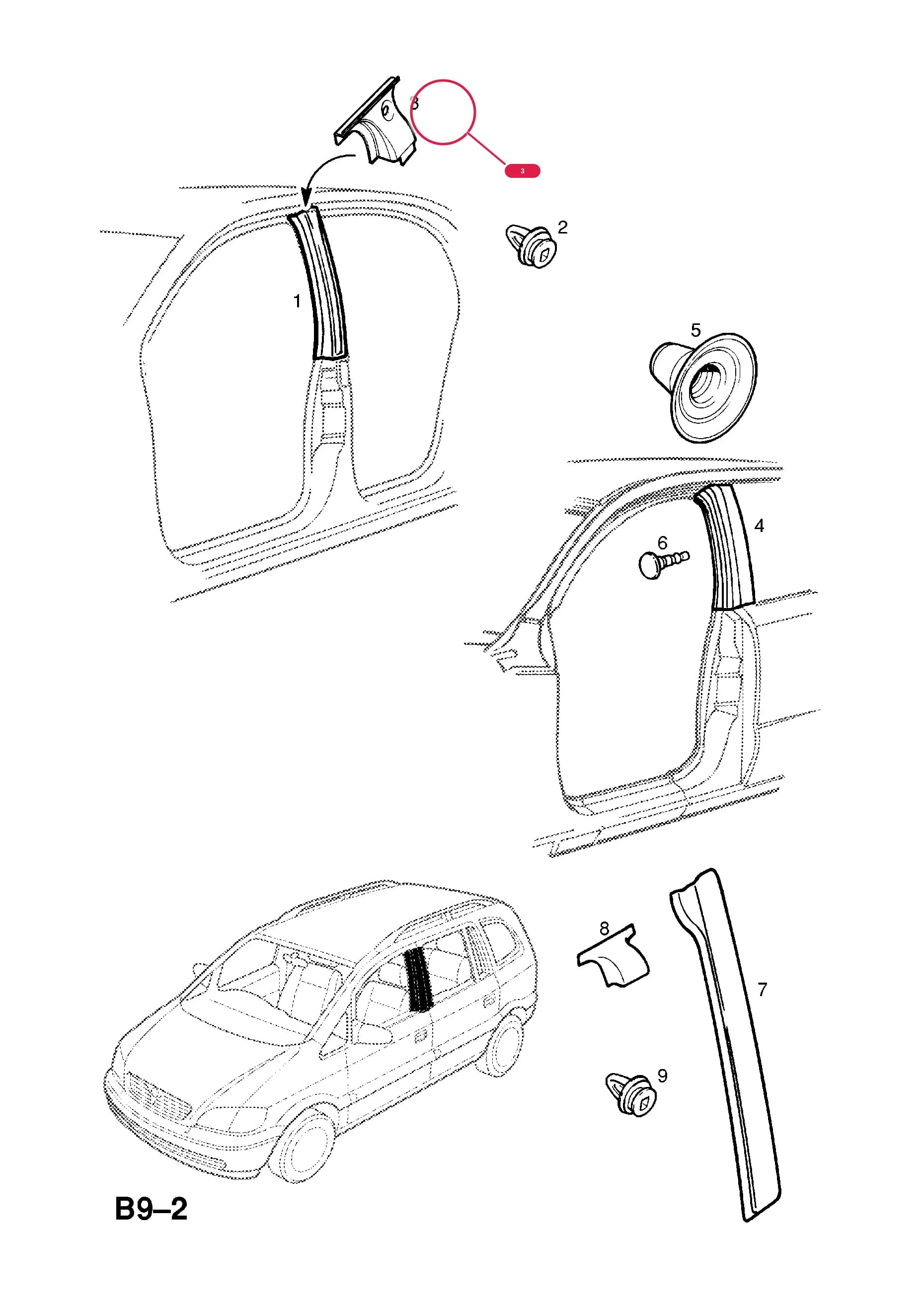 FOIL,ADHESIVE,CENTRE PILLAR COVER,UPPER,RH,BLACK  (PRODUCTION NO. 9131270) — Opel  ASTRA-G ( 1998 -  2010) — B BODY EXTERIOR FITTINGS › 7 BODY MOULDINGS