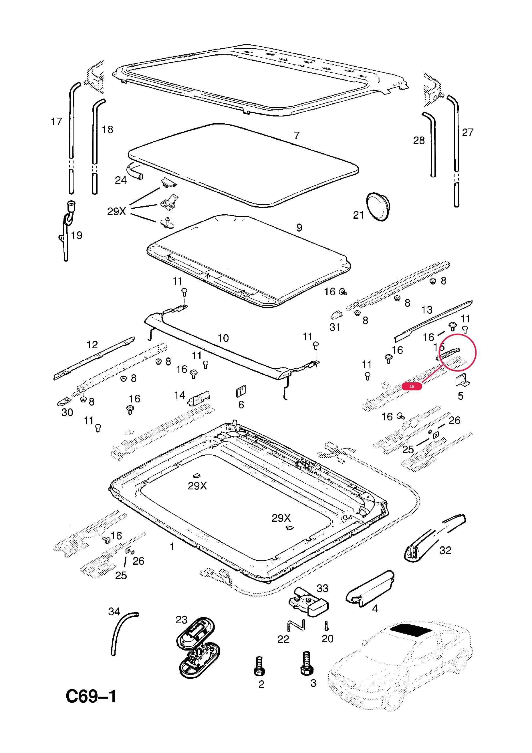GUIDE,LH (TUDOR WEBASTO 38697A) (NLS.- NO REPLACEMENT PART)Примечание:USED WITH ELECTRIC SUN ROOF — Opel  ASTRA-G ( 1998 -  2010) — C BODY INTERIOR FITTINGS › 35 SUN ROOF