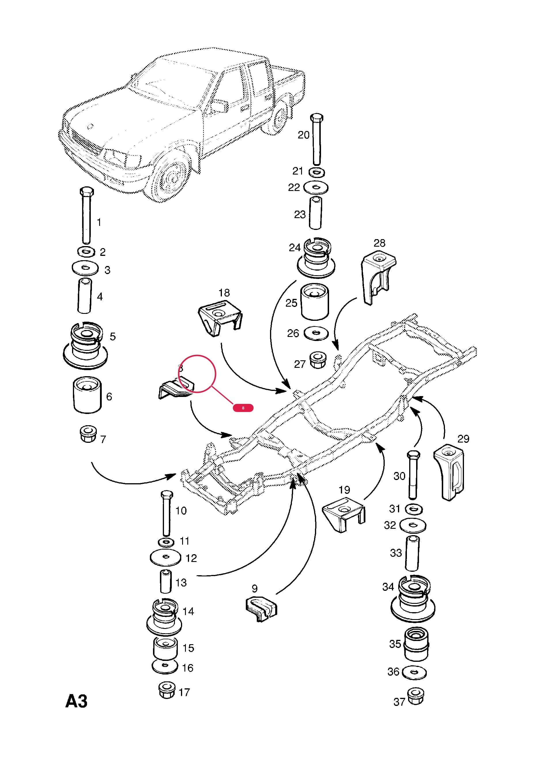 BRACKET,CAB MOUNTING,CENTRE,RH (NLS.- NO REPLACEMENT PART) — Opel  CAMPO ( 1997 -  2002) — A BODY SHELL AND PANELS › 1 BODY SHELL