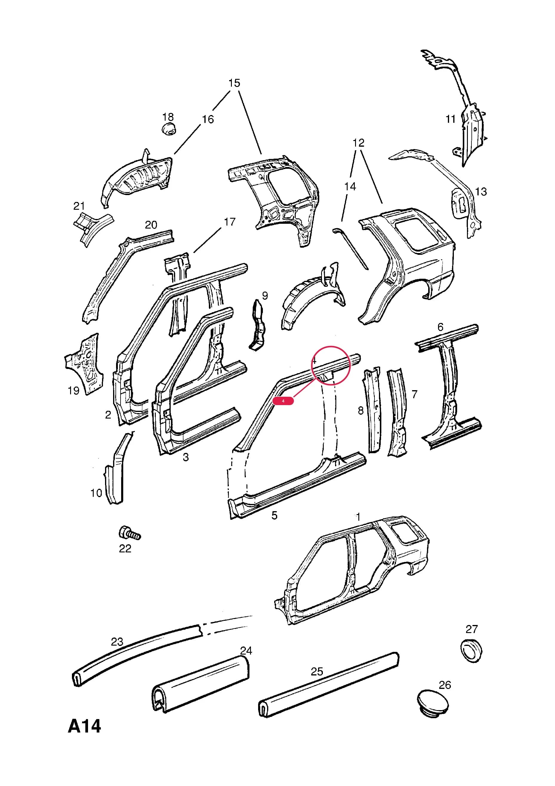 -PANEL,ASSY.,BODY HINGE AND ROOF RAIL,RH (NLS.- NO REPLACEMENT PART) — Opel  FRONTERA-A ( 1992 -  1998) — A BODY SHELL AND PANELS › 6 BODY SIDE