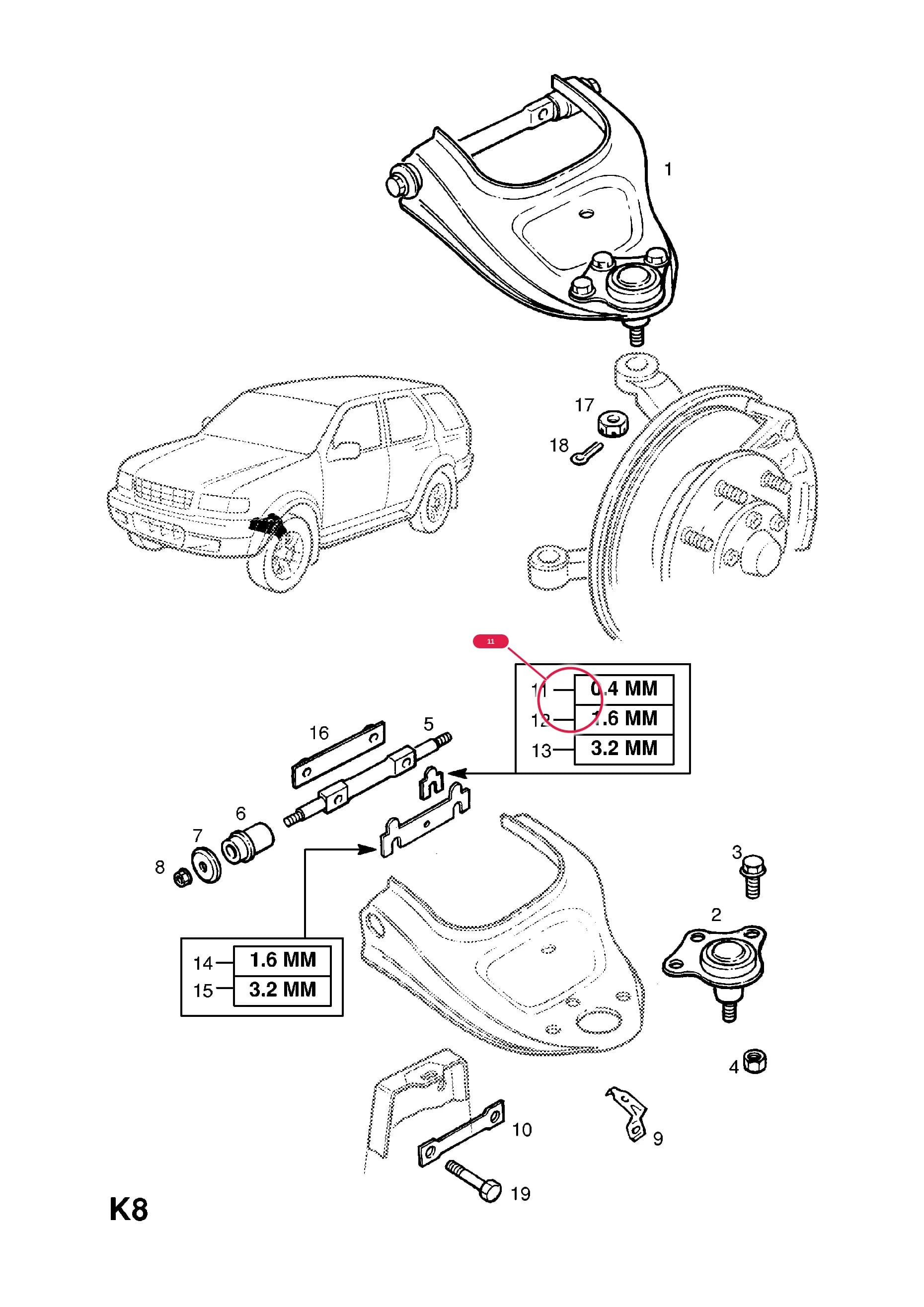 SHIM,ARM TO FRAME,0.4 MM THICK (NLS.- NO REPLACEMENT PART) — Opel  FRONTERA-B ( 1999 -  2004) — K FRONT AXLE AND SUSPENSION › 17.FRONT SUSPENSION ARM