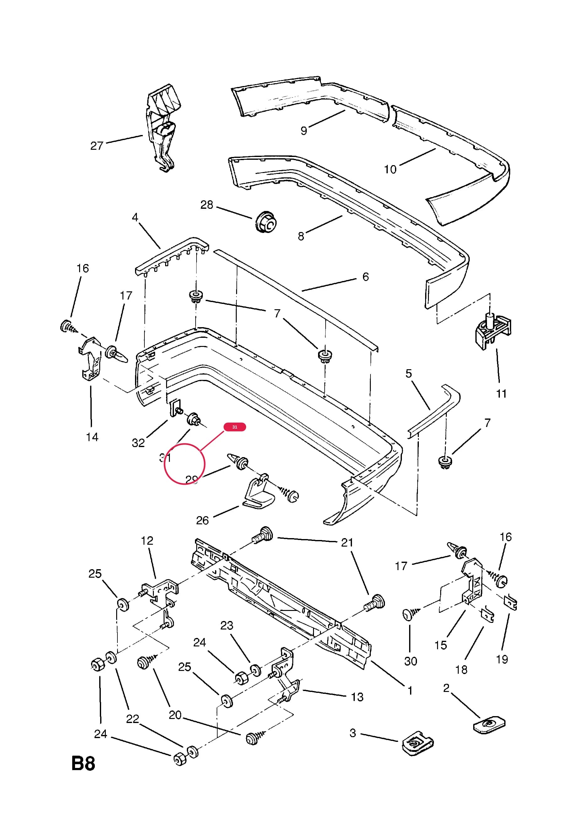 NUT,BUMPER TO SIDE PANEL (NLS.- NO REPLACEMENT PART) — Opel  OMEGA-A ( 1987 -  1993) — B BODY EXTERIOR FITTINGS › 1 BUMPERS