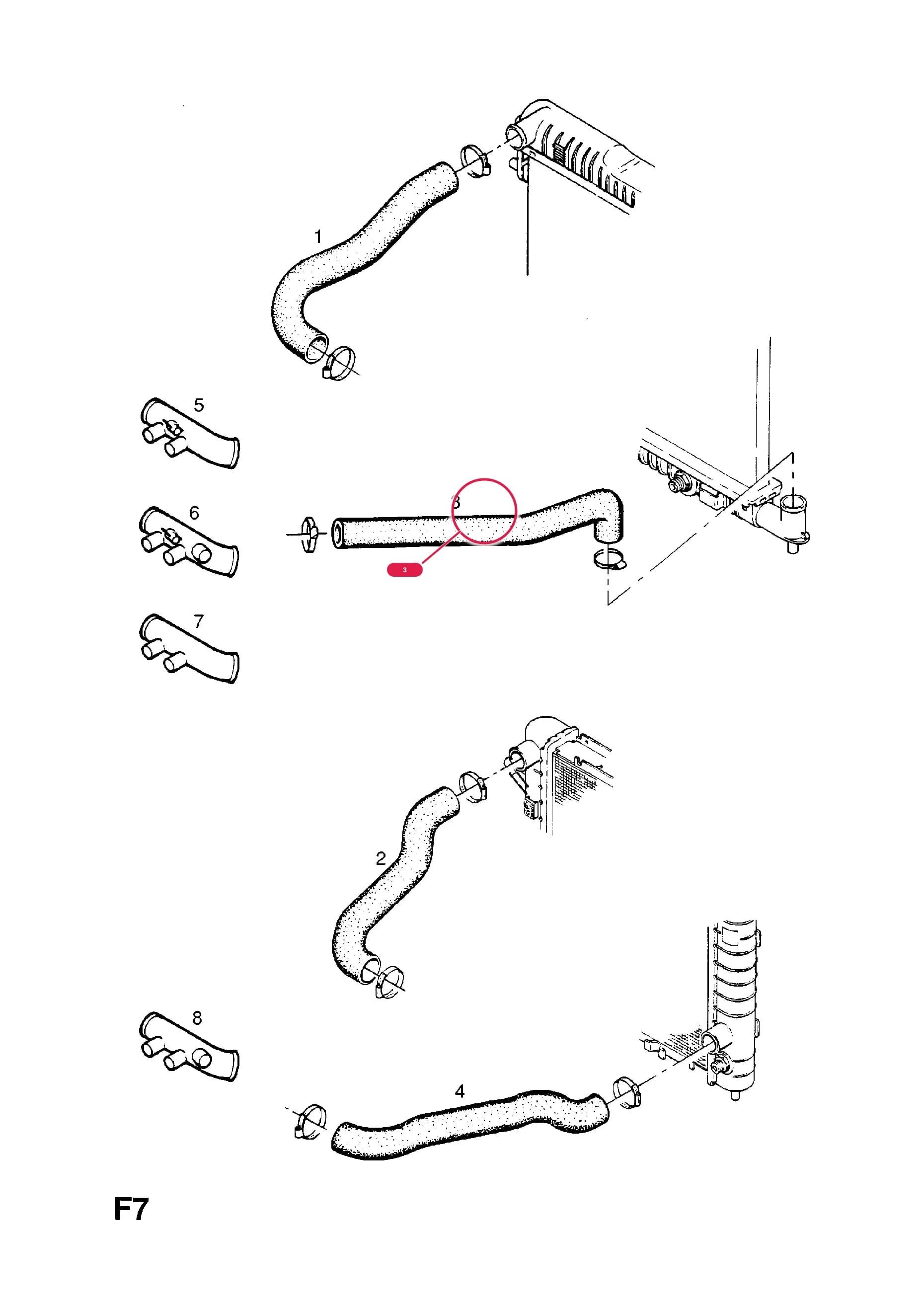 HOSE,RADIATOR OUTLET TO DISTRIBUTOR,34MM ID. X 487MM  (PRODUCTION NO. 90280628) — Opel  OMEGA-A ( 1987 -  1993) — F COOLING › 12.HOSES AND PIPES