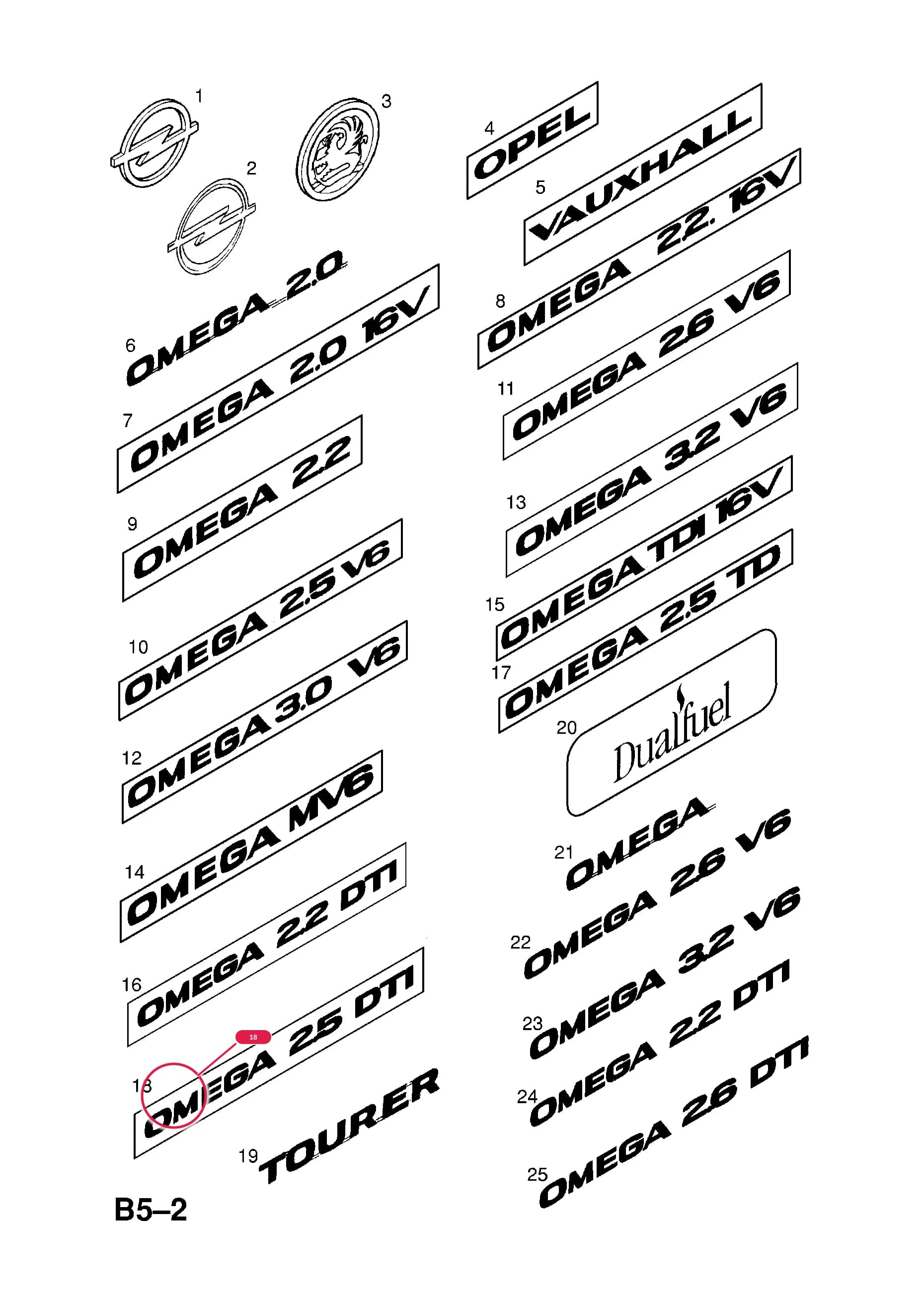 NAMEPLATE,OMEGA 2.5 TDI  (PRODUCTION NO. 24414675) — Opel  OMEGA-B ( 1994 -  2003) — B BODY EXTERIOR FITTINGS › 4 NAMEPLATES AND DECALS