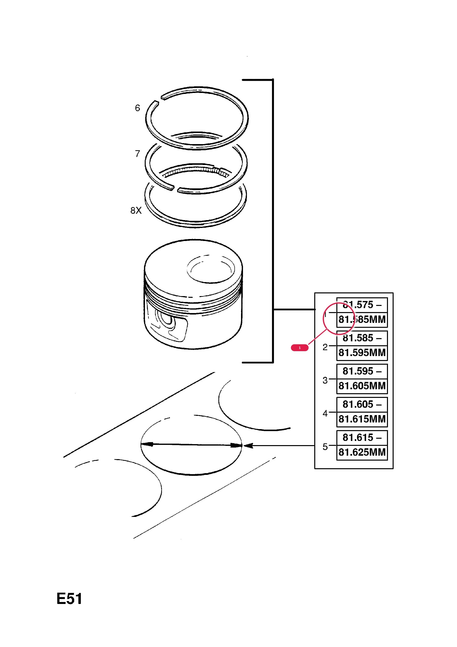 PISTON,PIN AND RINGS,ASSY.,STD.,CYLINDER BORE 81.575-81.585 MM (IDENT 8) (NLS.- NO REPLACEMENT PART) — Opel  OMEGA-B ( 1994 -  2003) — E ENGINE AND CLUTCH › 4 X25XE[L80],Y26SE[LY9] PETROL ENGINES