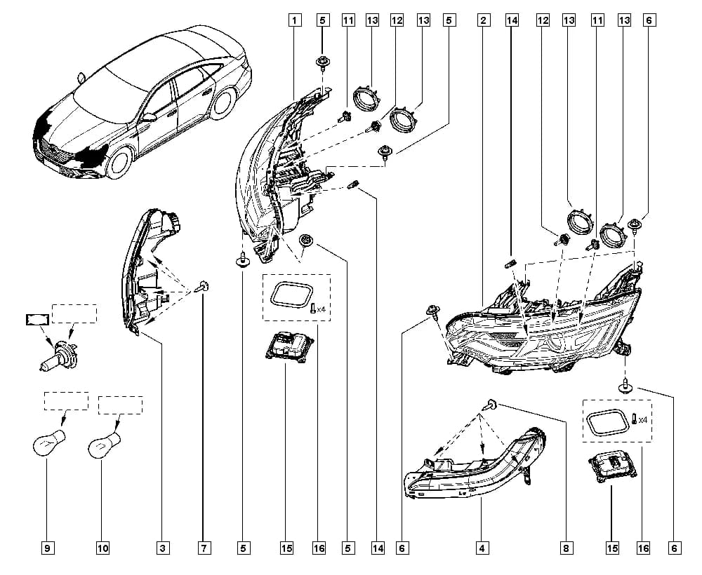 NFAB = C or NFAB = D, Additional to Limited Edition = EQPEUR or Additional to Limited Edition = EQPEXP, LED daytime running light = FDIU2, Discharge bulb = Halogen bulbs — KPA3 — Upholstery - Electricity › 80 Battery - External lighting / Headlamp