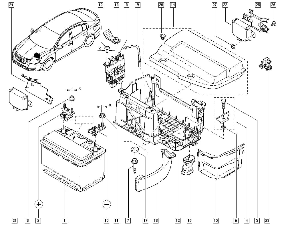 Vehicle fabrication number < MOD1210 and Vehicle fabrication number >= 100401, Additional to Limited Edition = EQPCOR, Energy Smart Management = SSESM; Marking. = 720A or Marking. = 70AH — L705 — Upholstery - Electricity › 80 Battery - External lighting / Battery