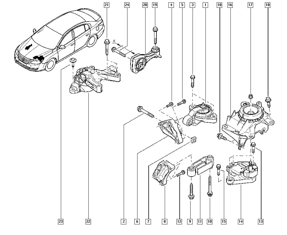 L70E — Manual › 19 Cooling system - Reservoirs - Exhaust system - Engine mounting / Engine mounting