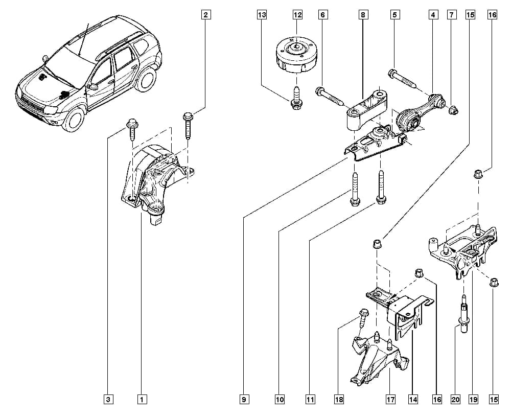NFAB = H or NFAB = J, Type of transmission/Number of gears = 5-speed mechanical or Type of transmission/Number of gears = CVT gearbox; NFAB = J — HSAV — Manual › 19 Cooling system - Reservoirs - Exhaust system - Engine mounting / Engine mounting