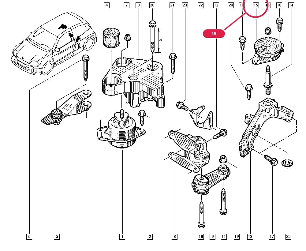 CB1A — Manual › 19 Cooling system - Reservoirs - Exhaust system - Engine mounting / Engine mounting