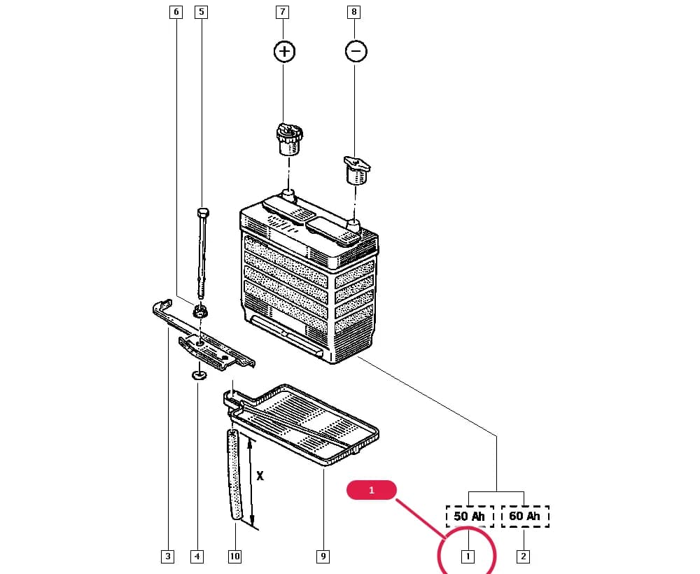Type of battery charging = Humid, Marking. = 50 AH — 853A — Upholstery - Electricity › 80 Battery - External lighting / Battery
